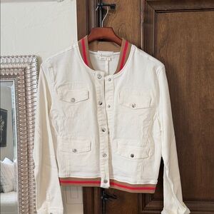 Anthropologie White Denim Jacket with Red and Tan Trim